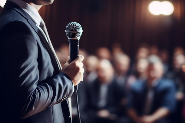 Orator39s Presence Retrato de un orador Hombre sosteniendo un micrófono Dirigiéndose a la audiencia Ai generativo