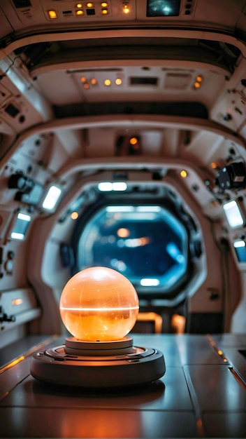 Un orbe brillante en una mesa de la estación espacial