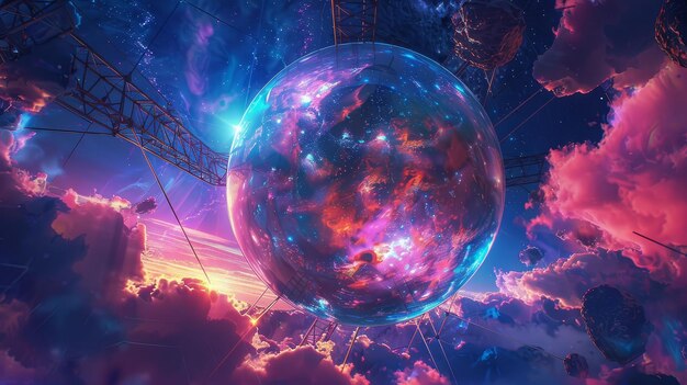 Orbe cósmico luminoso y esférico flotando en un vacío cósmico de colores vívidos y formas dinámicas encarnando los misterios del universo arte abstracto realista silueta iluminación HDR vista de tiro de grúa