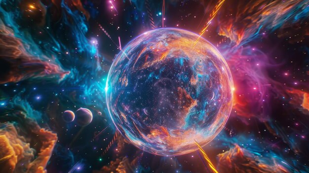 Orbe cósmico luminoso y esférico flotando en un vacío cósmico de colores vívidos y formas dinámicas encarnando los misterios del universo arte abstracto realista silueta iluminación HDR vista de tiro de grúa