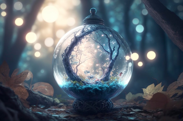 un orbe mágico de cristal con una linterna adentro, caprichoso, con una luna en un bosque mágico, creativo ai