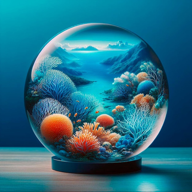 Foto orbe oceânico um mundo submarino em miniatura envolto em vidro