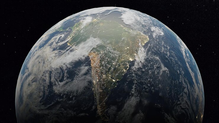 Orbitando el planeta tierra visto desde el espacio 3D Render con enfoque en América del Sur