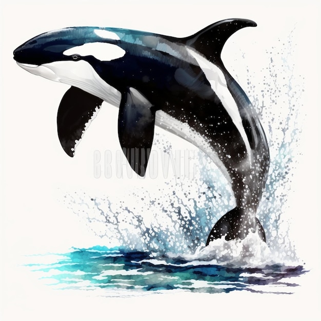 Orca baleia assassina pulando para fora da água isolada em fundo branco