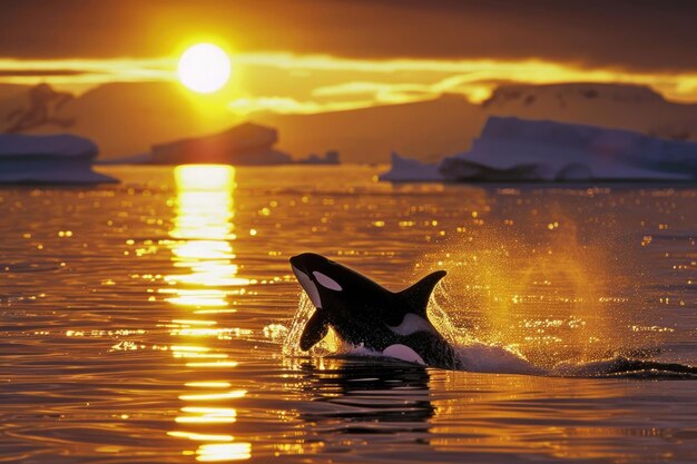 Una orca emerge en las aguas del Ártico bajo el sol de medianoche