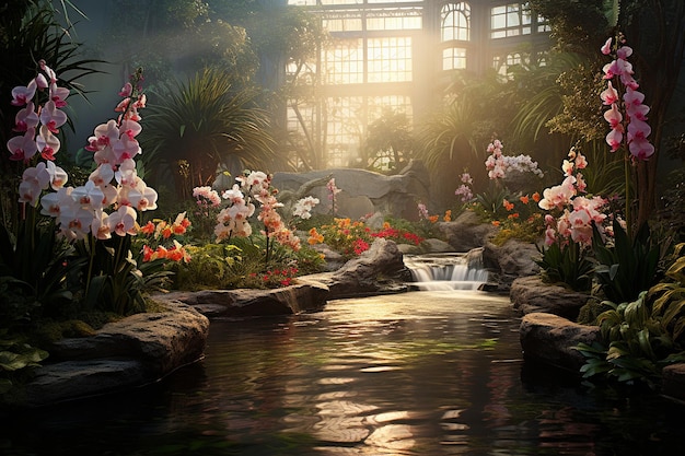 Orchideengarten mit Teich und Brücke