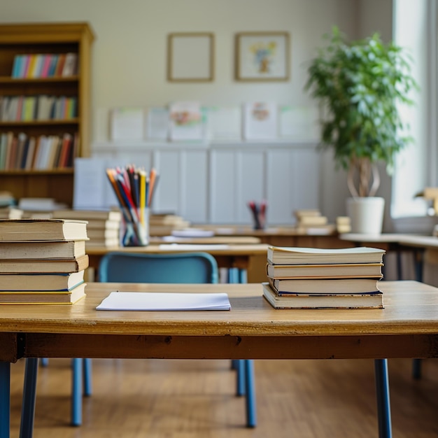 Foto ordem acadêmica mesa de escola vazia com papelão e uma pilha de livros para social media post size