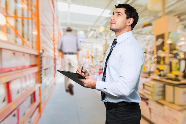 Orden, lista, concepto de stock. joven, hombre de negocios, en, almacén