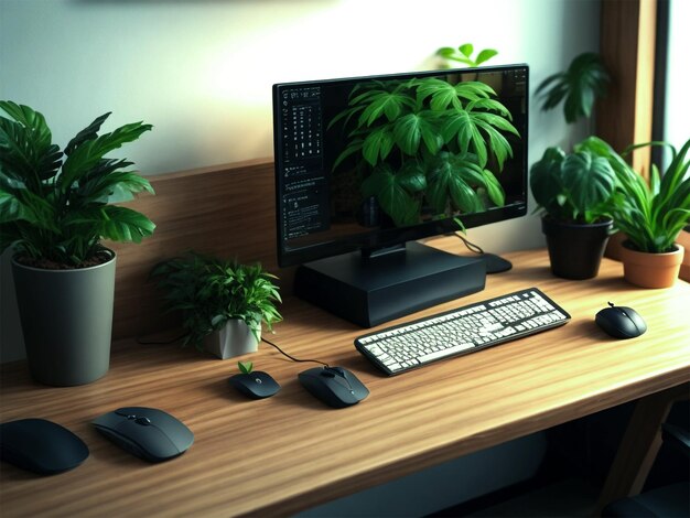 Foto ordenador creativo disposición del escritorio se encuentra en una mesa de madera teclado y ratón en la mesa