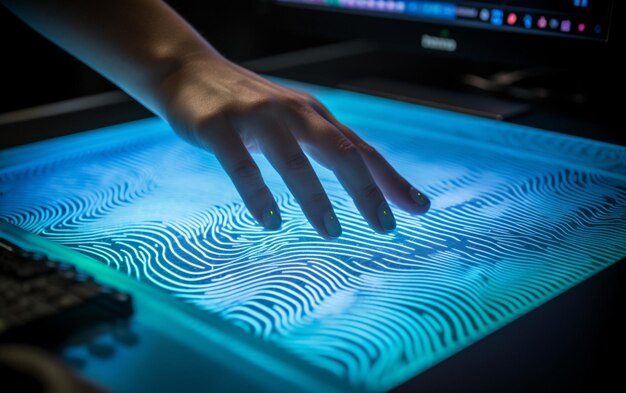 Foto un ordenador identifica y mide la huella dactilar en la superficie digital