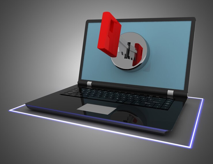 Foto ordenador portátil y llave, concepto de seguridad. ilustración 3d