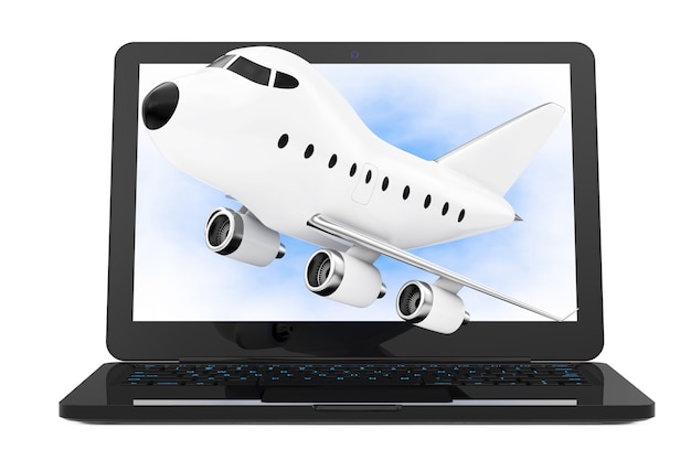 Ordenador portátil moderno con avión de chorro de juguete de dibujos animados volando desde la pantalla sobre un fondo blanco. Representación 3D.