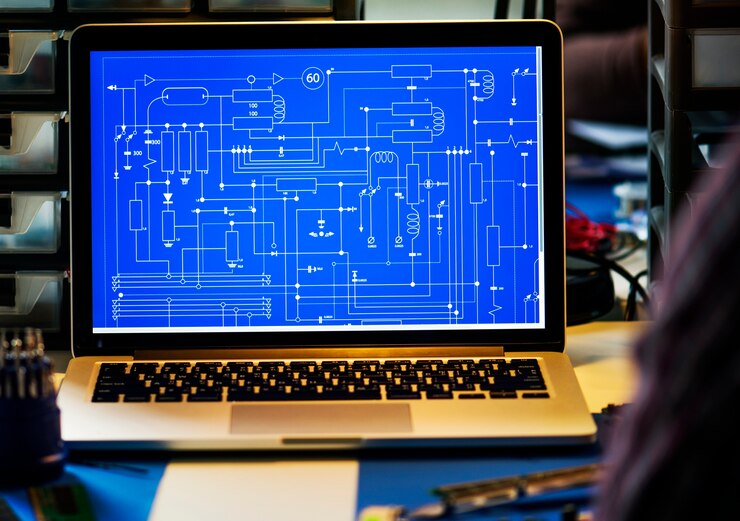 Foto ordenador portátil mostrando el patrón de circuito electrónico