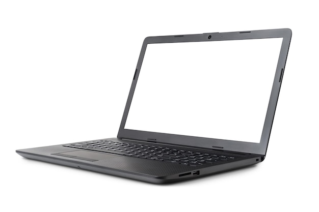 Ordenador portátil negro con pantalla en blanco aislado en blanco