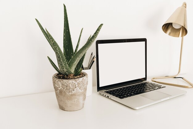 Ordenador portátil con pantalla de espacio de copia en blanco sobre mesa blanca con planta de aloe