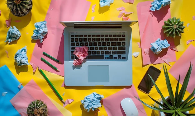 un ordenador portátil, un ratón, un teléfono móvil, un lápiz, un cactus, trozos de papel arrugados en amarillo, rosa y azul.