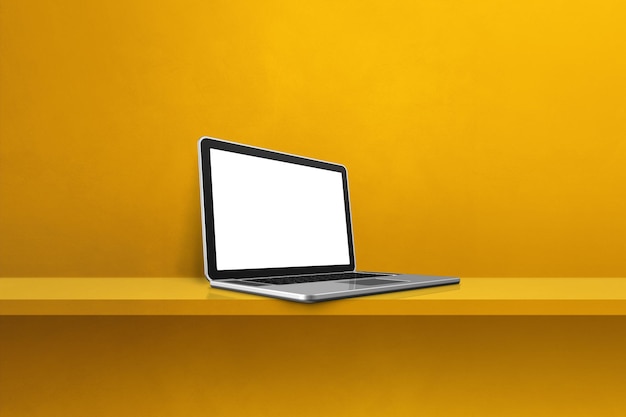 Ordenador portátil sobre fondo de estante amarillo Ilustración 3D