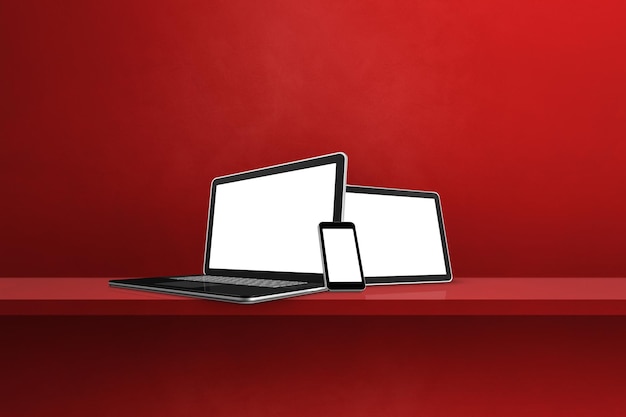 Ordenador portátil, teléfono móvil y tableta digital en el estante de la pared roja. Fondo horizontal. Ilustración 3D