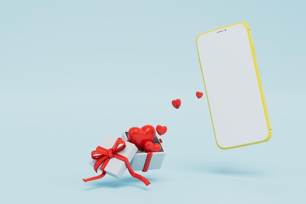 Ordene regalos en línea un teléfono inteligente y una caja de regalo abierta con corazones voladores copiar pegar copiar espacio 3D render