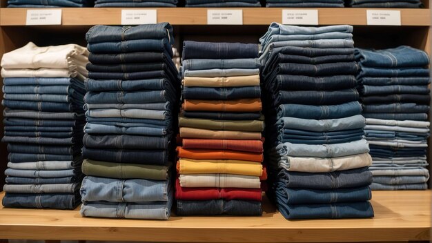 Ordentlich gestapelte Jeans auf Regalen