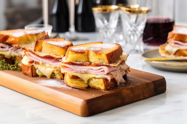 Foto ordentlich platziertes monte-cristo-sandwich auf einem serviertablett