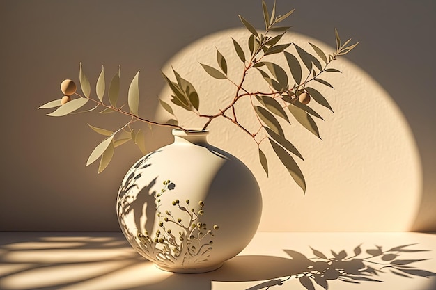 Ordentliche runde Vase mit einem lebenden Zweig eines grünen Olivenbaums Stilvolles Kompositionsdesign schöne Strahlen der Sonne künstlerische Kunstmalerei Zeichnung 8k zarte Farben Kreativitätskonzept AI