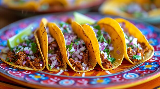 Ordnen Sie die Tacos ordentlich in Reihen auf einem farbenfrohen Teller für eine lebendige Präsentation Alternativ stapeln Sie die Tacos in einer Pyramidenform aufeinander, um eine visuell ansprechende Anzeige zu erhalten