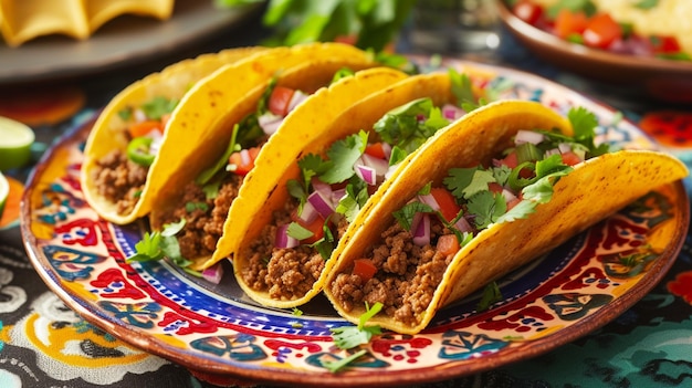 Ordnen Sie die Tacos ordentlich in Reihen auf einem farbenfrohen Teller für eine lebendige Präsentation Alternativ stapeln Sie die Tacos in einer Pyramidenform aufeinander, um eine visuell ansprechende Anzeige zu erhalten