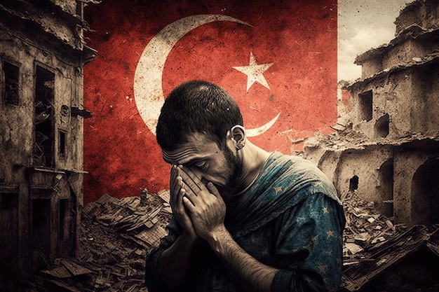 Foto ore pela turquia, bandeira da turquia, terremoto, homem orando 3