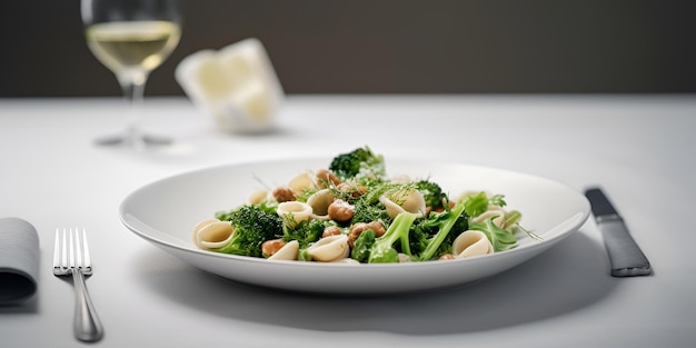 Orecchiette-Nudeln mit Broccoli Rabe auf dem Teller auf dem Tisch