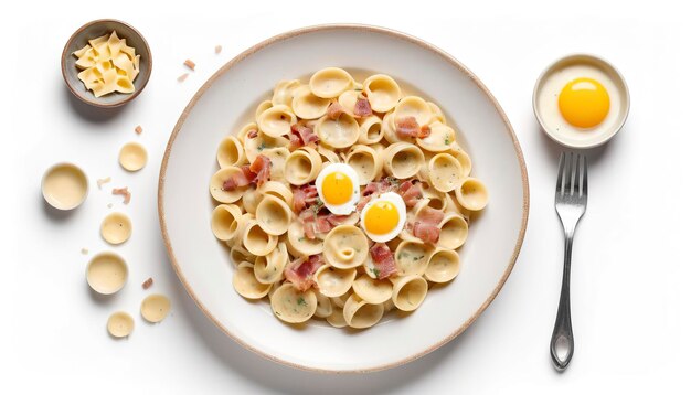 Orecchiette pasta de carbonara caseira com queijo parmesano duro de ovo pancetta e molho de creme