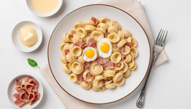 Orecchiette pasta de carbonara caseira com queijo parmesano duro de ovo pancetta e molho de creme