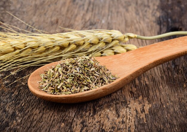 Oregano im Holzlöffel auf Holz