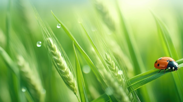 Oreja fresca y jugosa de trigo verde joven y mariquita en ai generativo natural