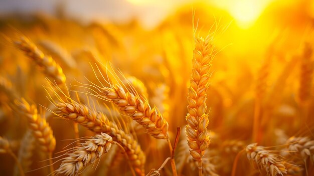 Las orejas del campo de trigo al atardecer