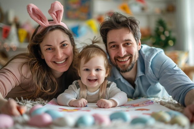 Orejas de conejo y caras felices La familia celebra el día de Pascua