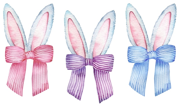 Orejas de conejo de color gris y rosa con lazos de colores a rayas. Ilustración acuarela de Pascua aislado