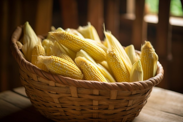 Las orejas de maíz recogidas a mano dispuestas en una canasta de mimbre
