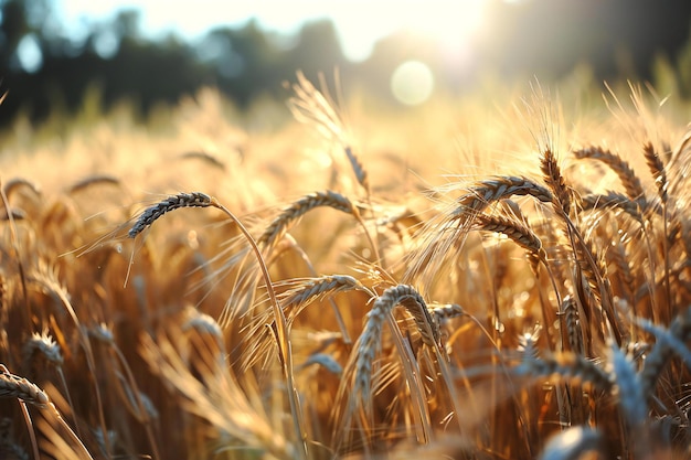 Orejas de oro de trigo en el campo al atardecer Profundidad poco profunda del campo