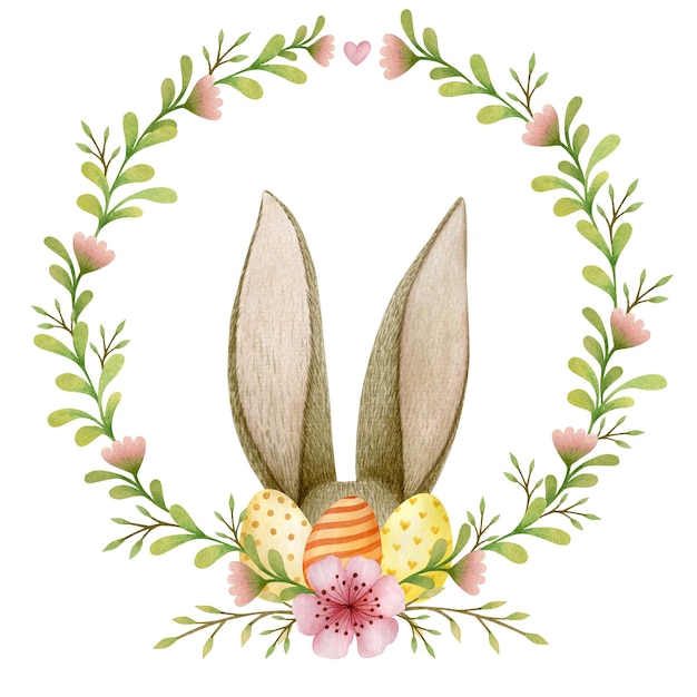Orelhas de coelho de coroa de flores de páscoa em aquarela