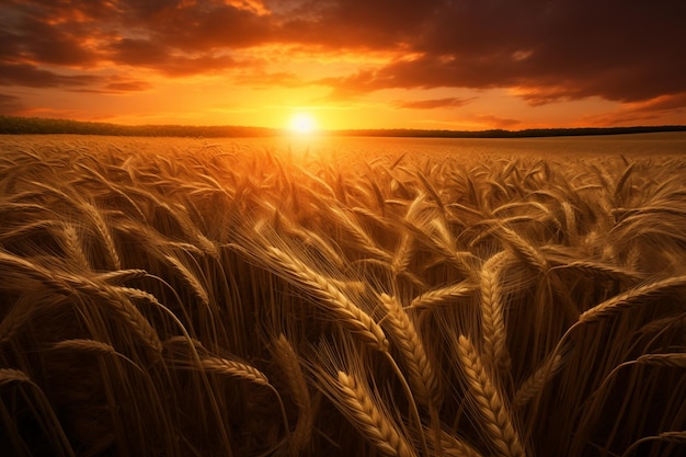 Orelhas de trigo douradas crescendo em um campo agrícola ao pôr-do-sol IA generativa