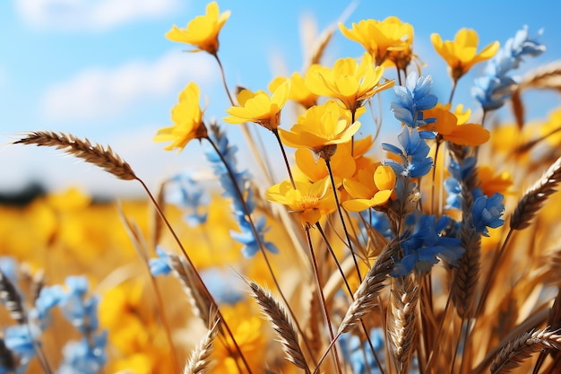 Orelhas de trigo flores amarelas e azuis no campo em tempo ensolarado