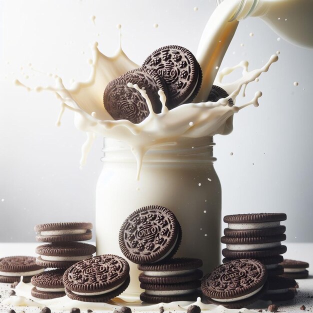 Foto oreo galletas salpicado en el frasco de leche