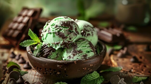 Organic Green Mint Chocolate Chip Ice Cream Copiar imagem de espaço Lugar para adicionar texto ou design