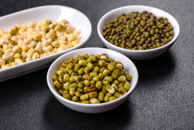 Organics frische Baby Green Bean Sprossen in weißer Keramikschale auf dunklem Betonhintergrund