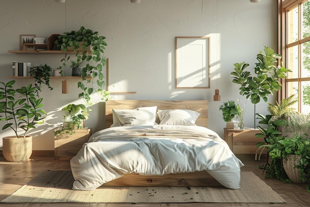 Organisch-Minimalist-Schlafzimmer-Mockup Ein minimalistisches Schlafzimmer mit organischen natürlichen Elementen wie Holz