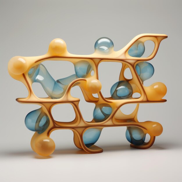 Organische Architektur 3D-Skulptur von molekularen Formen in mildem Gelb und Champagner