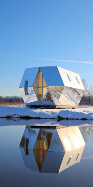 Organische Formen und geometrische Formen Ein Spiegeldachhaus auf Schnee