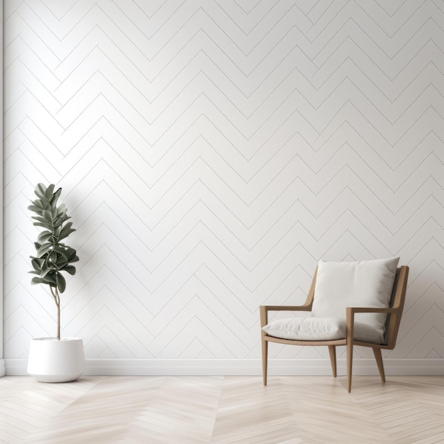 Organische Geometrie-Stuhl-Mockup auf weißer Chevron-Wand