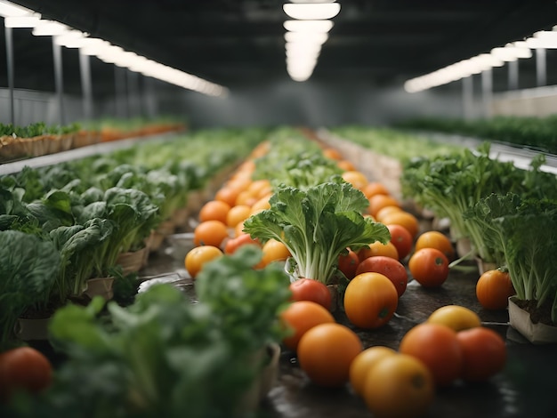 Organische hydroponische Gemüsefarm am Morgen Stockfoto